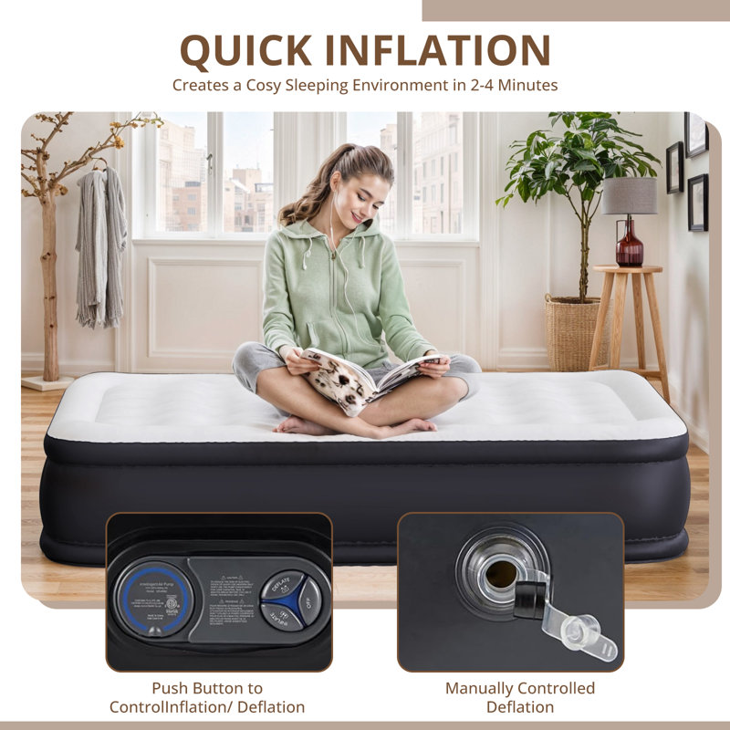 Air Mattress Twin With Built In Pump 16 Inch Raised Inflatable Blow Up Camping Bed Self Inflating Portable Colchones Inflables For Guests Home And